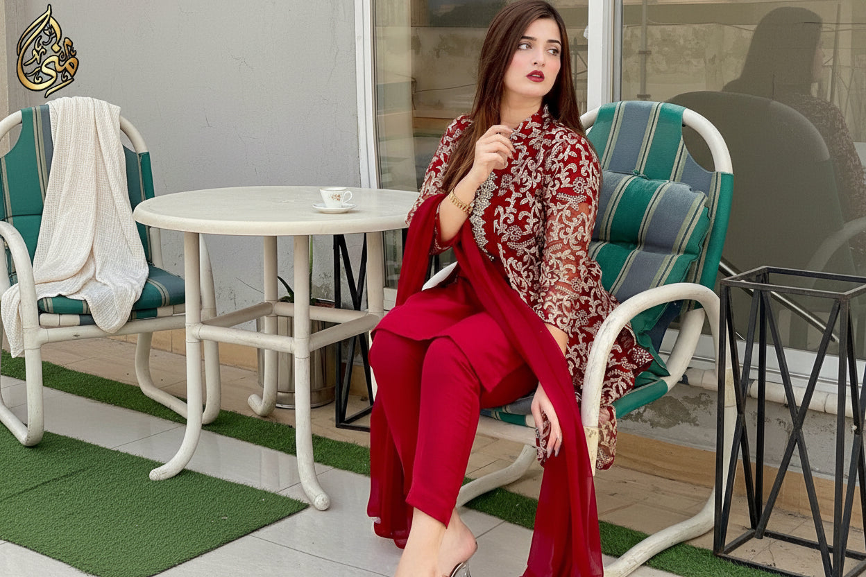 Front Fully Embroidered 4PC Gown Set with Inner, Trouser & Plain Dupatta