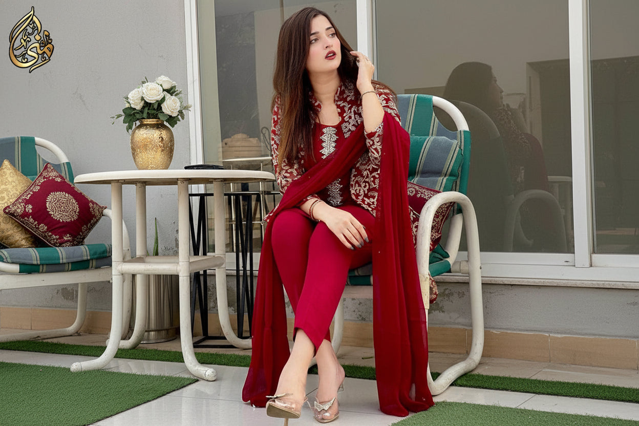 Front Fully Embroidered 4PC Gown Set with Inner, Trouser & Plain Dupatta