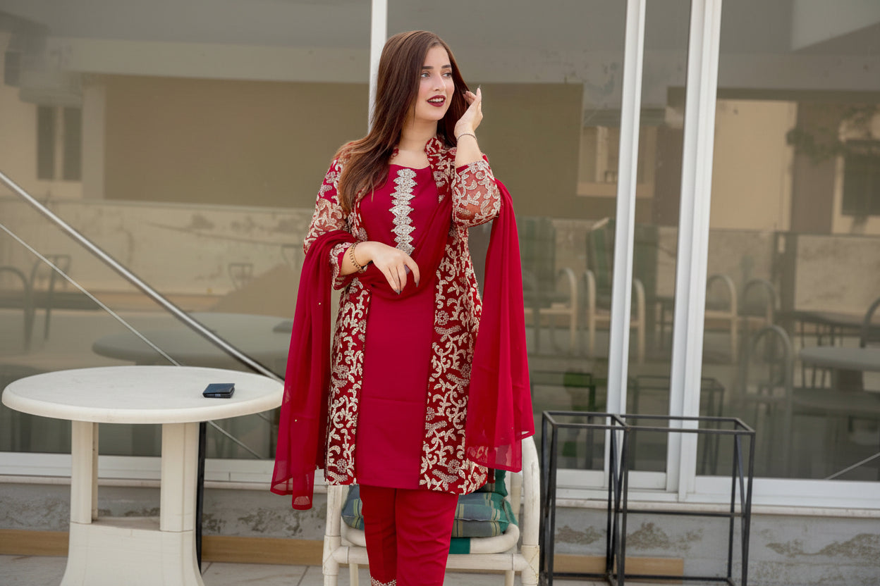 Front Fully Embroidered 4PC Gown Set with Inner, Trouser & Plain Dupatta