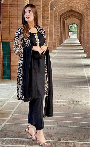 Front Fully Embroidered 4PC Gown Set with Inner, Trouser & Plain Dupatta