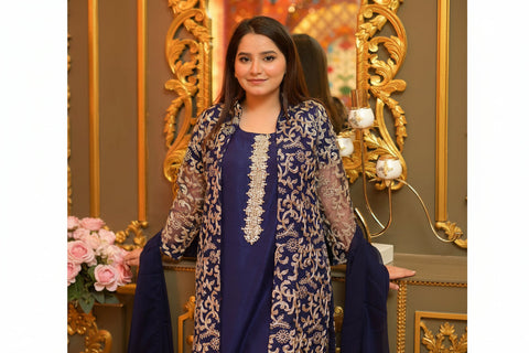 Front Fully Embroidered 4PC Gown Set with Inner, Trouser & Plain Dupatta