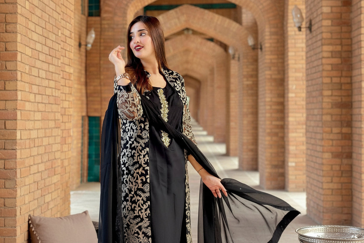 Front Fully Embroidered 4PC Gown Set with Inner, Trouser & Plain Dupatta