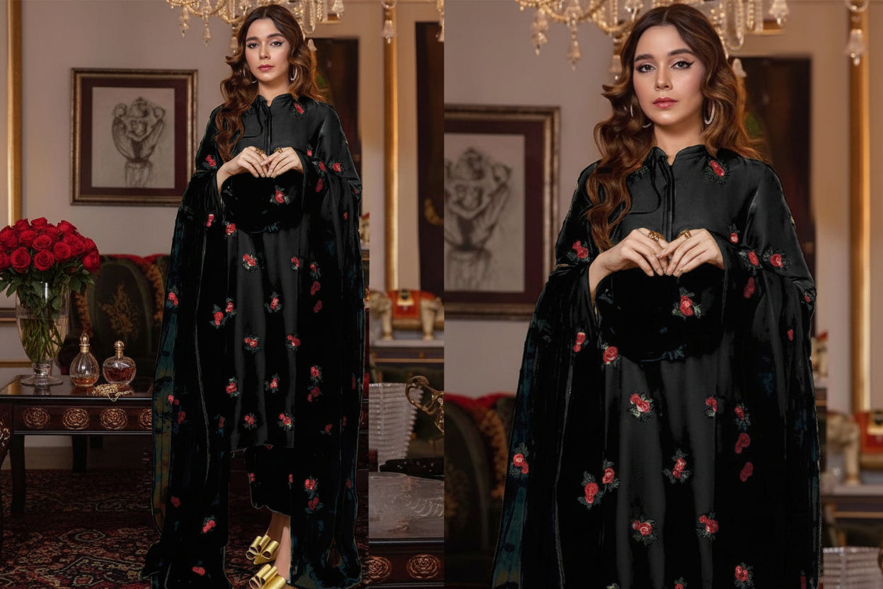Rose Embroidered Shamose Silk 3PC Stitched Suit with Dupatta