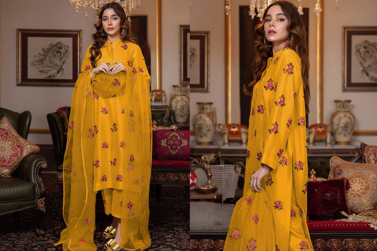 Rose Embroidered Shamose Silk 3PC Stitched Suit with Dupatta