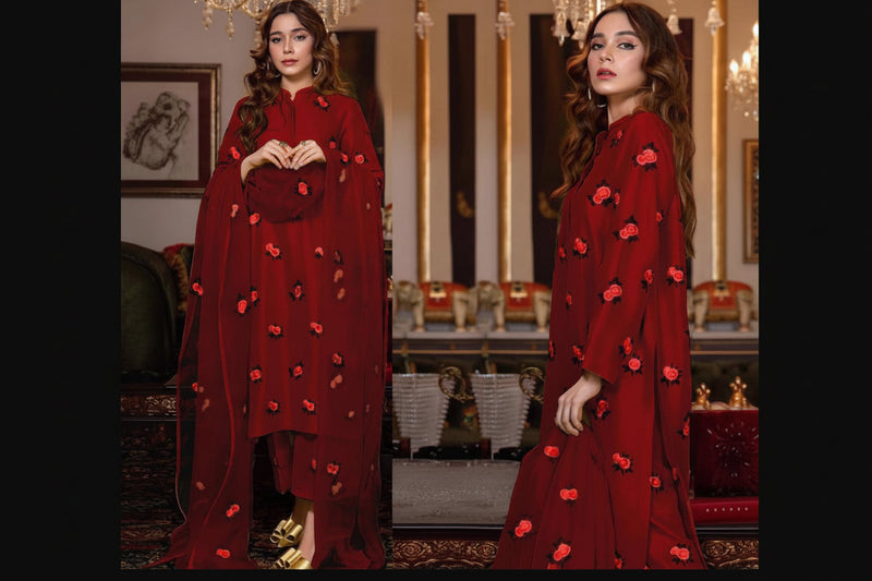 Rose Embroidered Shamose Silk 3PC Stitched Suit with Dupatta