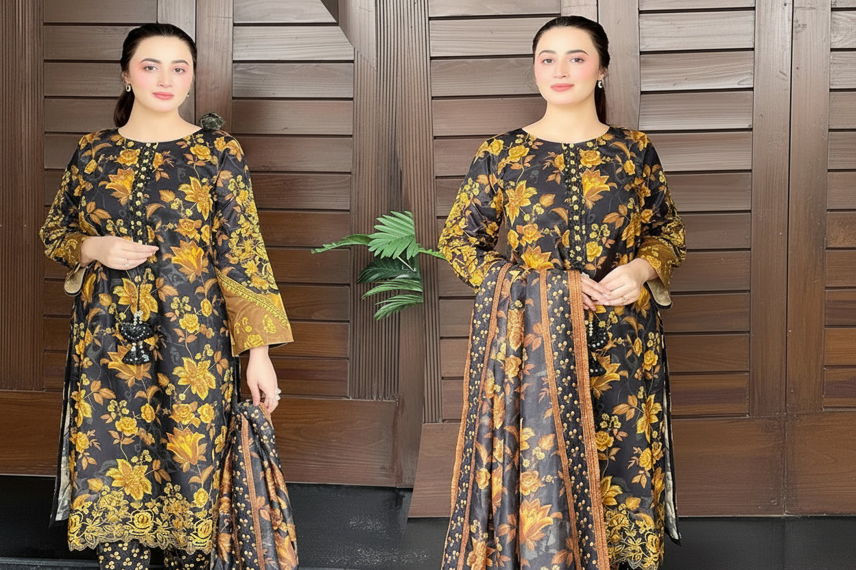 Front & Back Allover Digital Printed Handwork 3PC Cord Set with Flapper