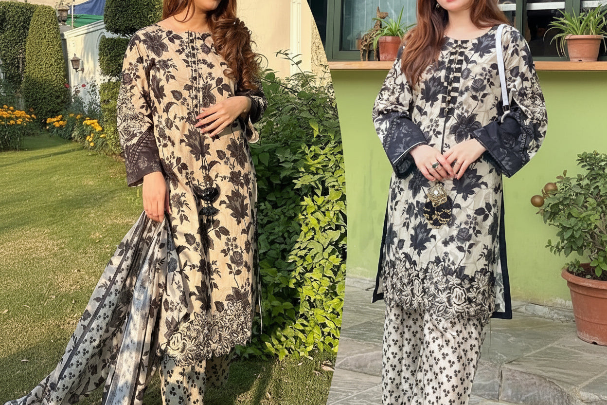 Front & Back Allover Digital Printed Handwork 3PC Cord Set with Flapper