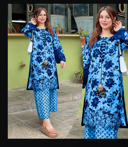 Front & Back Allover Digital Printed Handwork 3PC Cord Set with Flapper