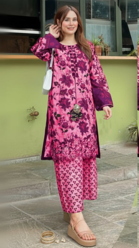 Front & Back Allover Digital Printed Handwork 3PC Cord Set with Flapper