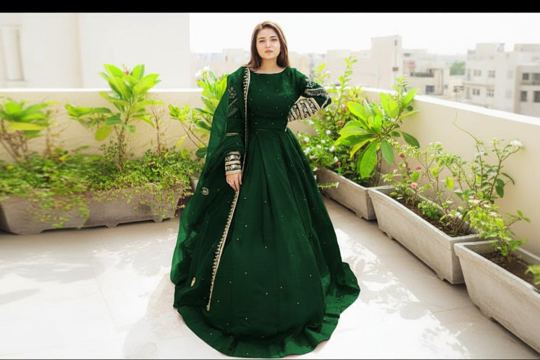 Sleeves Embroidered Pearl Work Top With Pearl Skirt & Embroidered Dupatta 3PC