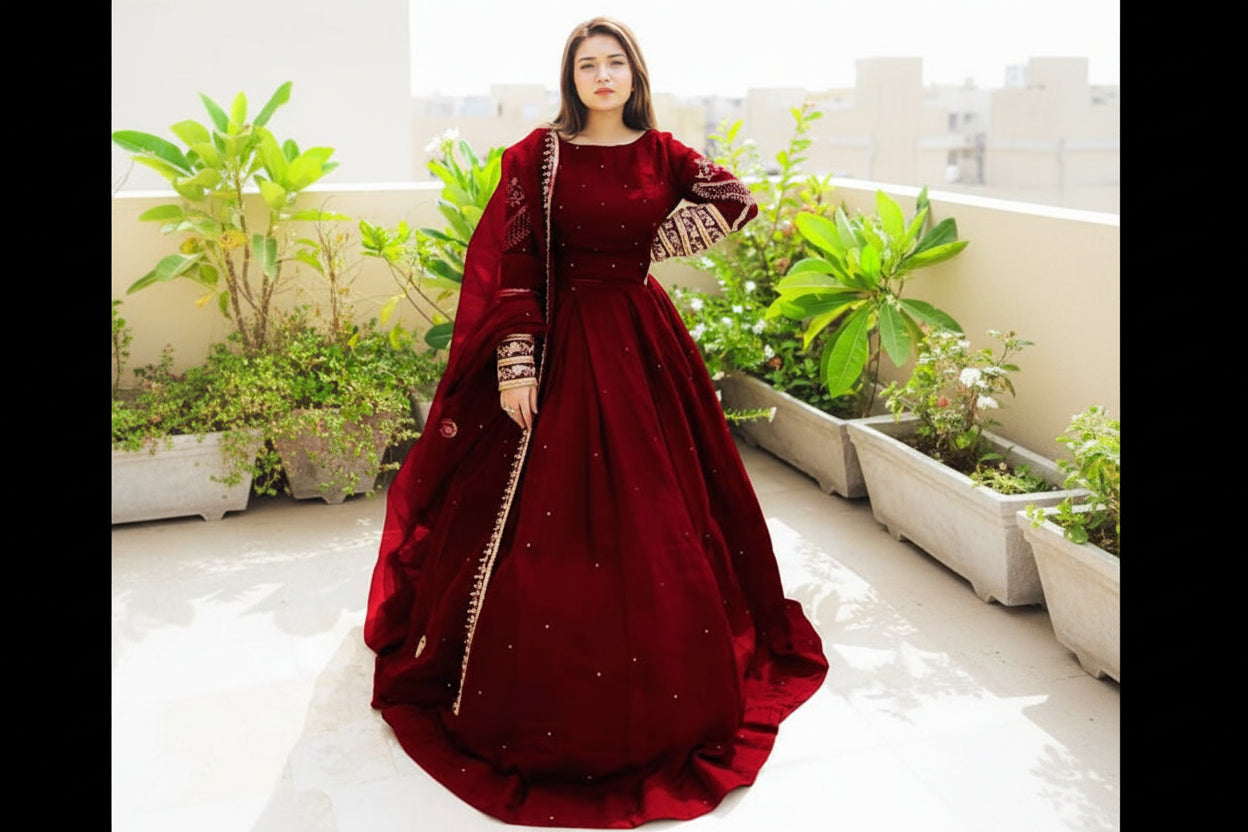 Sleeves Embroidered Pearl Work Top With Pearl Skirt & Embroidered Dupatta 3PC