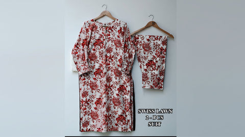 Front Neck & Sleeves Hand Pearls Work Digital Printed Swiss Lawn Cord Set 2PC
