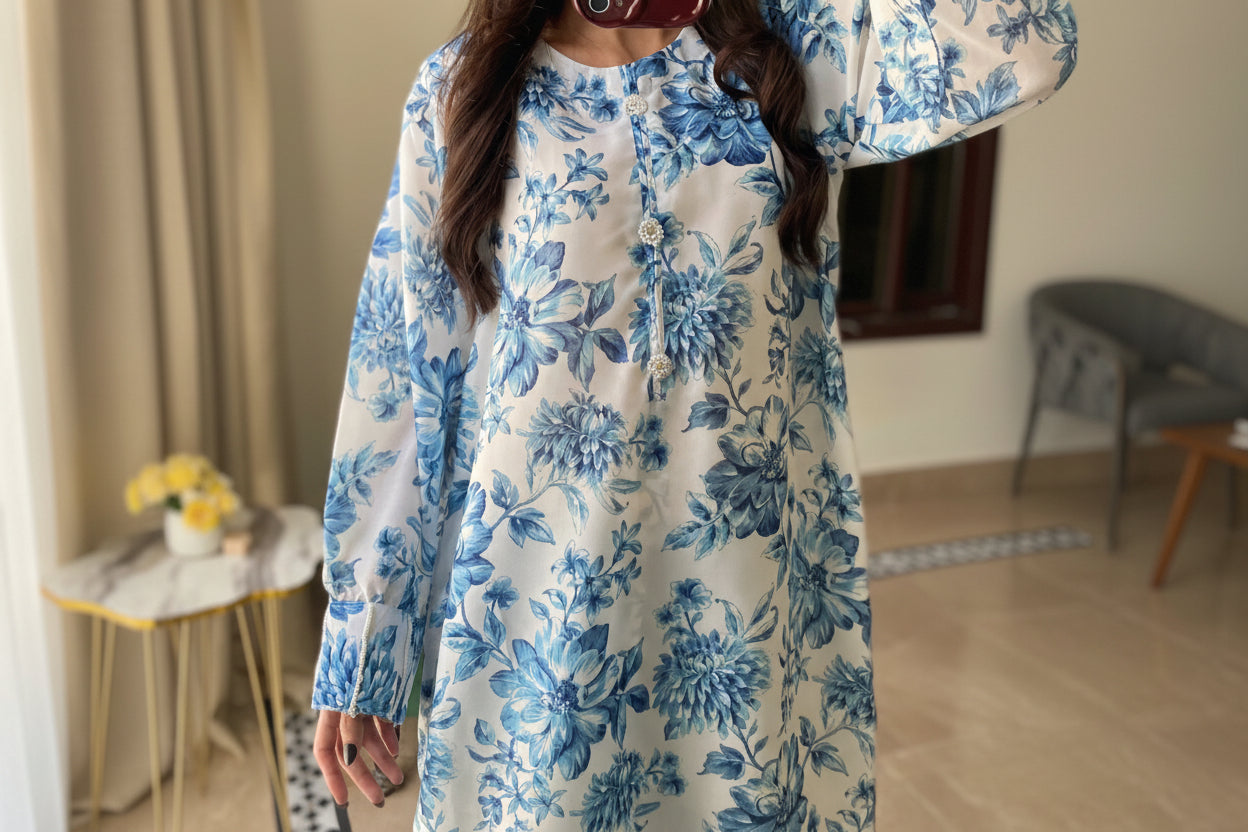 Front Neck & Sleeves Hand Pearls Work Digital Printed Swiss Lawn Cord Set 2PC