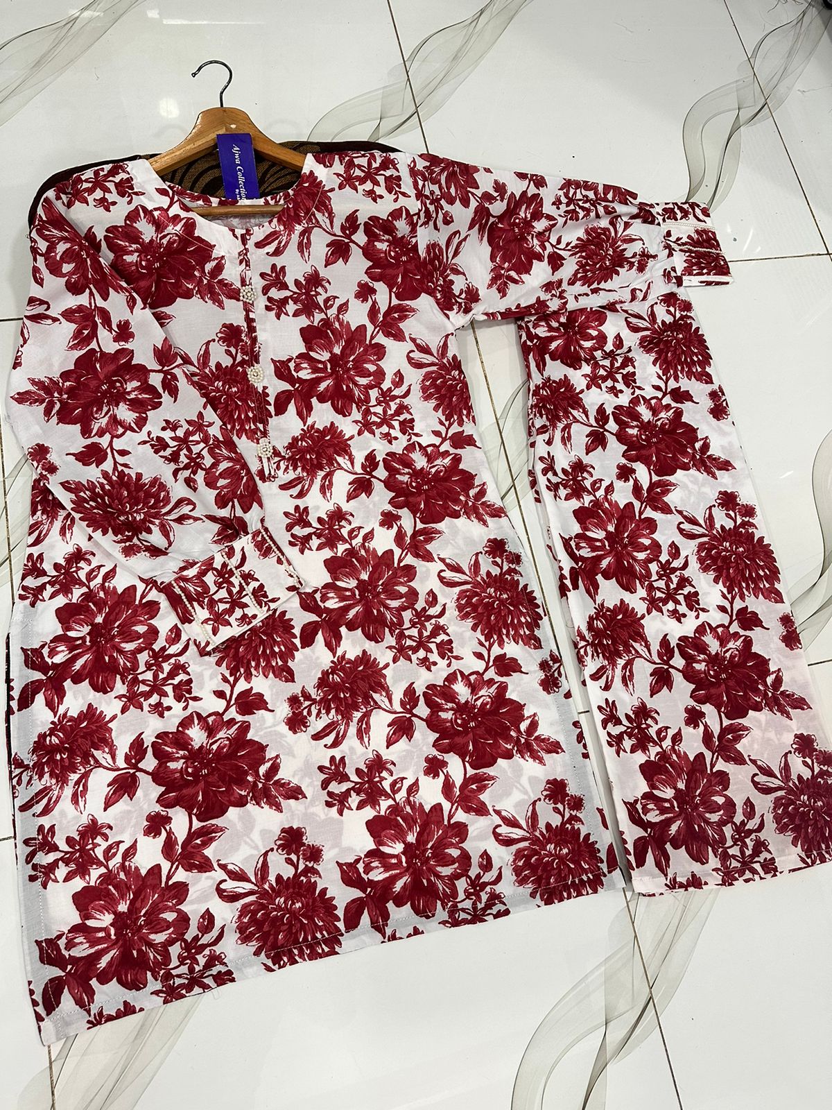 Front Neck & Sleeves Hand Pearls Work Digital Printed Swiss Lawn Cord Set 2PC