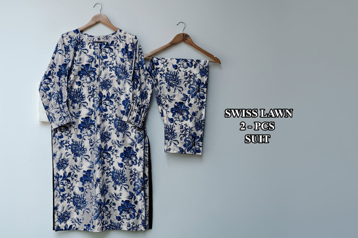 Front Neck & Sleeves Hand Pearls Work Digital Printed Swiss Lawn Cord Set 2PC