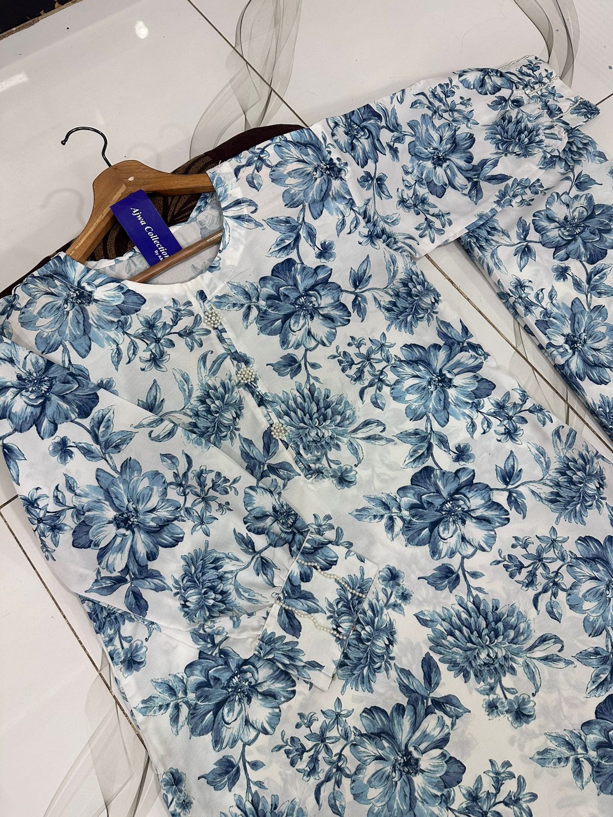 Front Neck & Sleeves Hand Pearls Work Digital Printed Swiss Lawn Cord Set 2PC