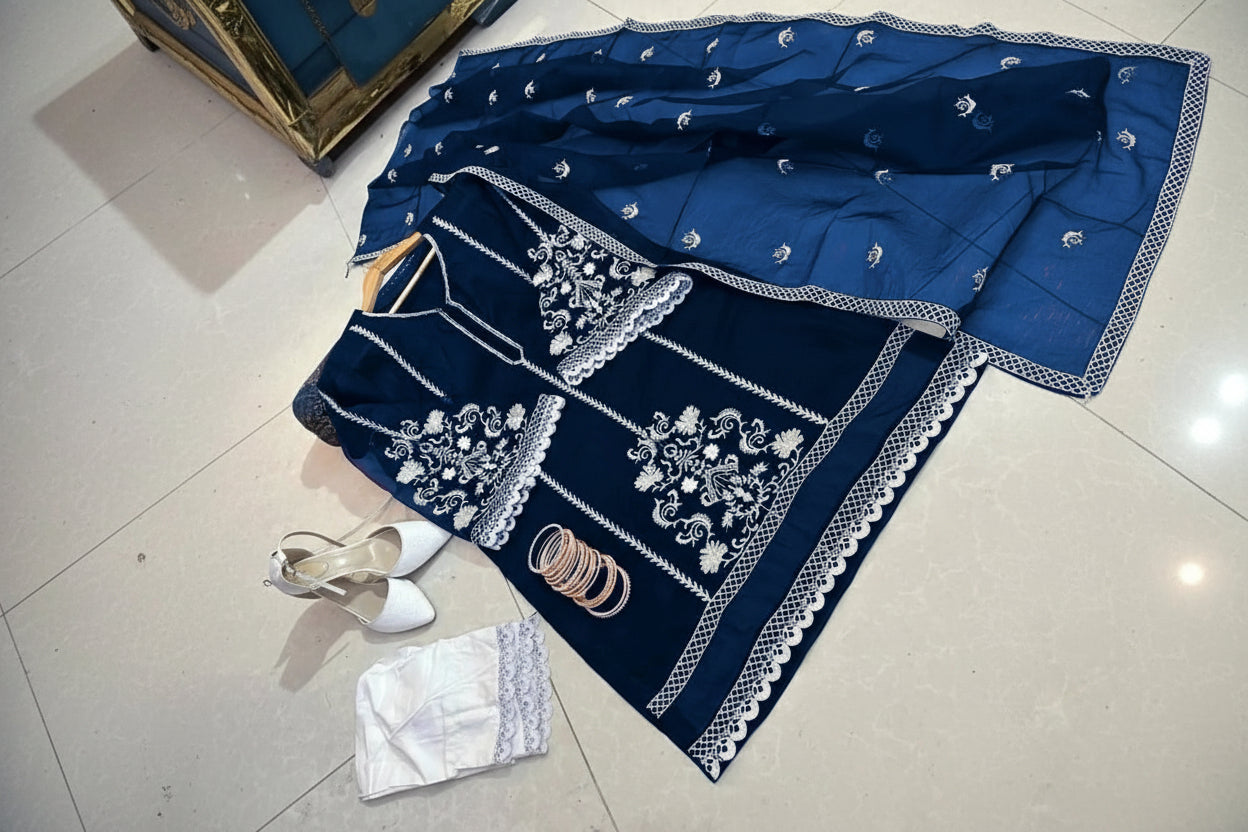 White Embroidered Organza 3PC Stitched Suit with Lace Work & Embroidered Dupatta