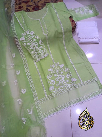 White Embroidered Organza 3PC Stitched Suit with Lace Work & Embroidered Dupatta