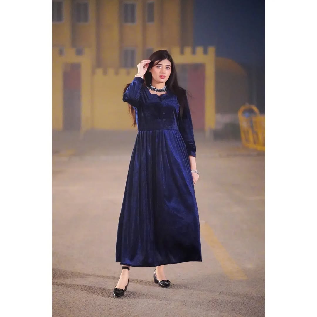 Winter Collection Velvet Button Frock – Elegant Stitched Maxi