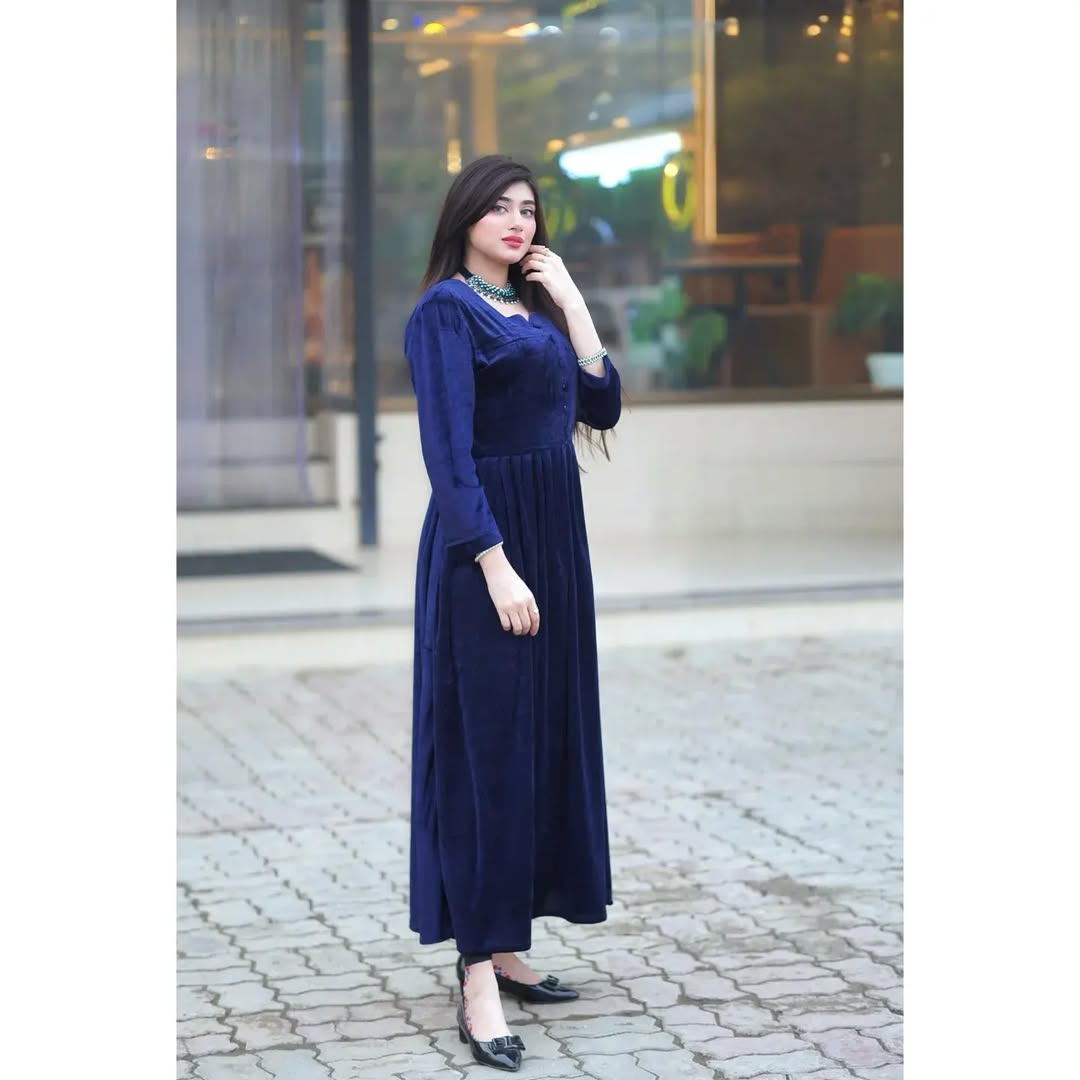 Winter Collection Velvet Button Frock – Elegant Stitched Maxi