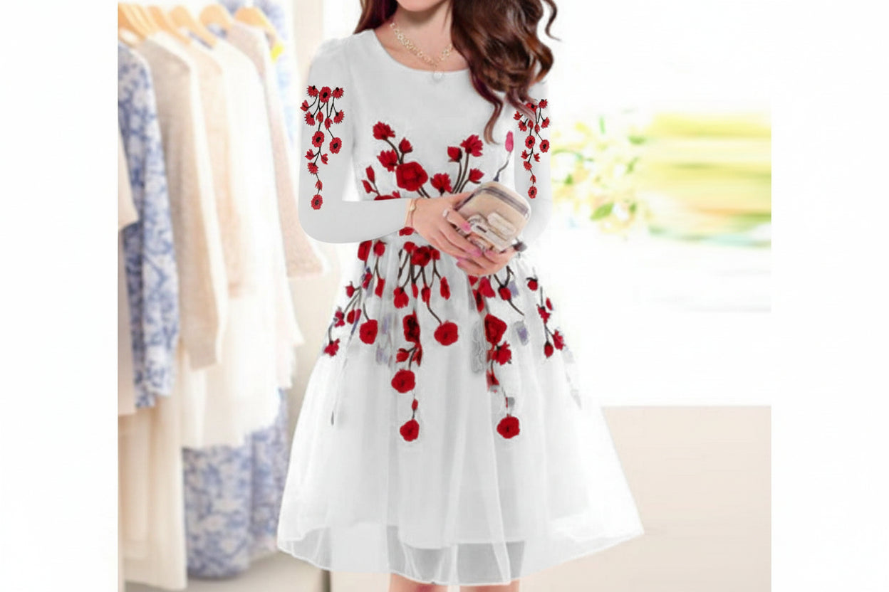 Flower Embroidered Organza Frock 2PC Stitched Suit with Inner & Trouser