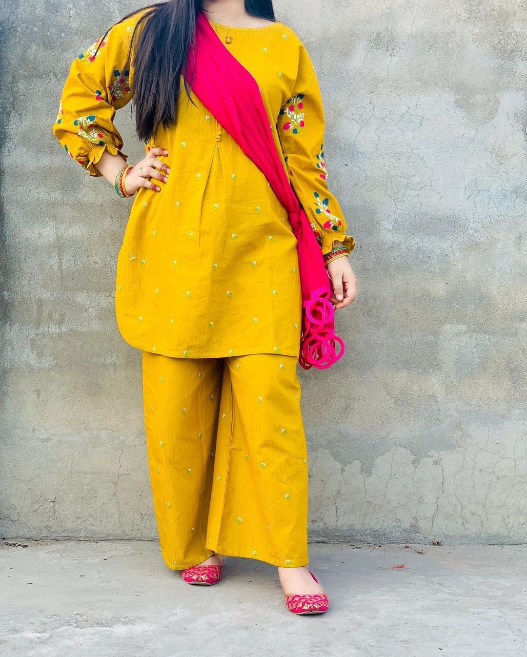 Front Button Pocket Style Linen Cotton 2PC Stitched Kurti Set with Embroidered Flapper