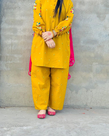 Front Button Pocket Style Linen Cotton 2PC Stitched Kurti Set with Embroidered Flapper