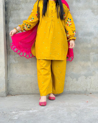 Front Button Pocket Style Linen Cotton 2PC Stitched Kurti Set with Embroidered Flapper