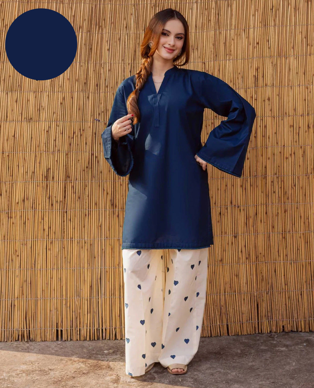 Large Lace Border & Sleeve Shirt with Heart Contrast Embroidery Flapper 2 Piece – Pure Cotton Stitched Suit