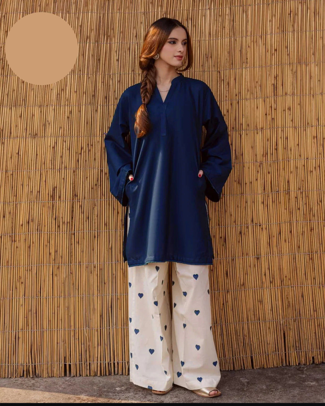 Large Lace Border & Sleeve Shirt with Heart Contrast Embroidery Flapper 2 Piece – Pure Cotton Stitched Suit
