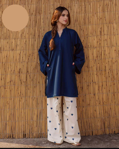 Large Lace Border & Sleeve Shirt with Heart Contrast Embroidery Flapper 2 Piece – Pure Cotton Stitched Suit