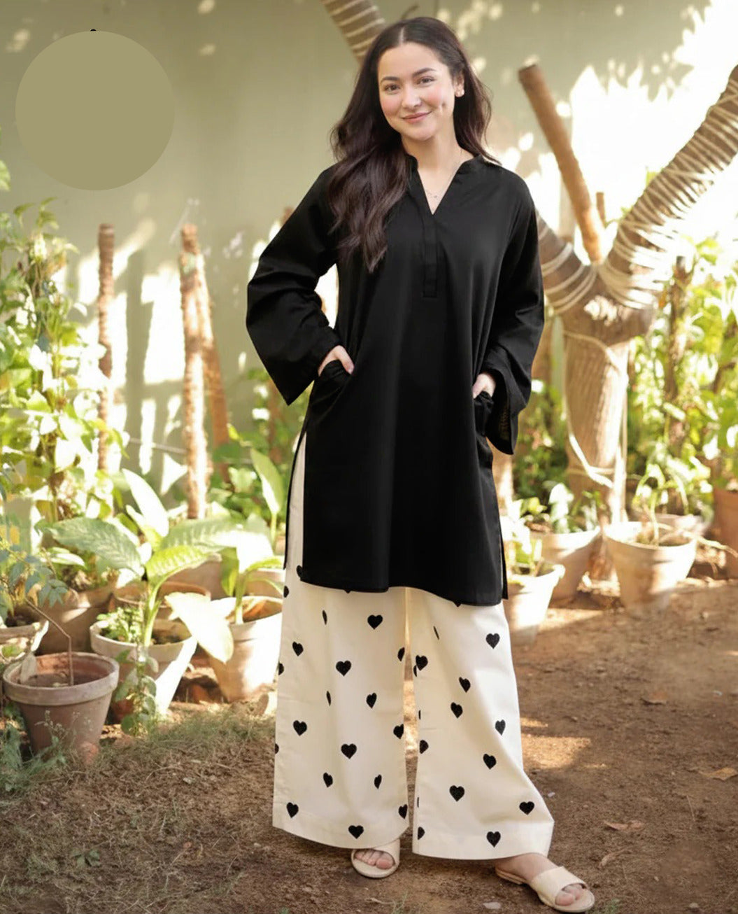 Large Lace Border & Sleeve Shirt with Heart Contrast Embroidery Flapper 2 Piece – Pure Cotton Stitched Suit