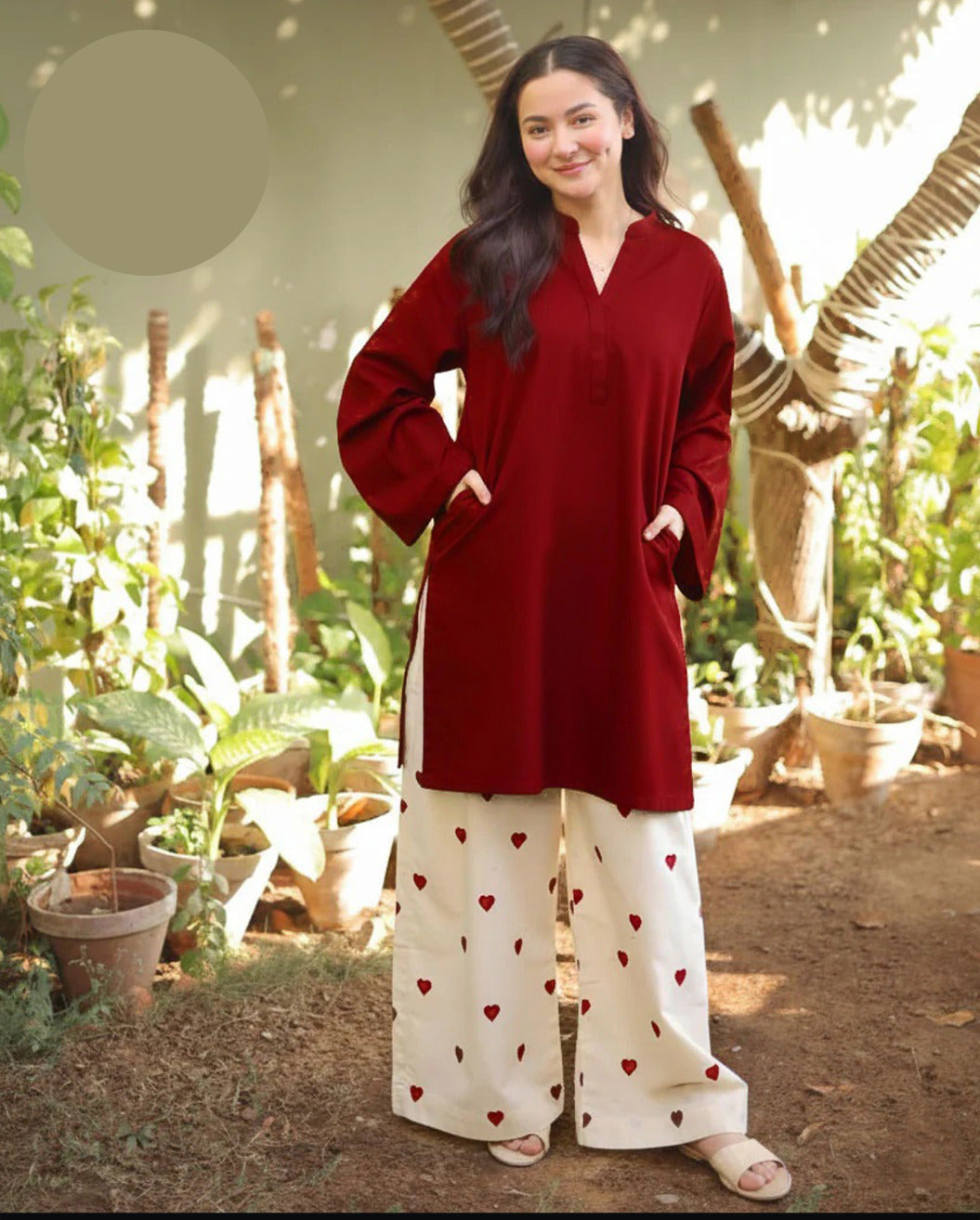 Large Lace Border & Sleeve Shirt with Heart Contrast Embroidery Flapper 2 Piece – Pure Cotton Stitched Suit