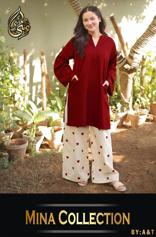 Large Lace Border & Sleeve Shirt with Heart Contrast Embroidery Flapper 2 Piece – Pure Cotton Stitched Suit