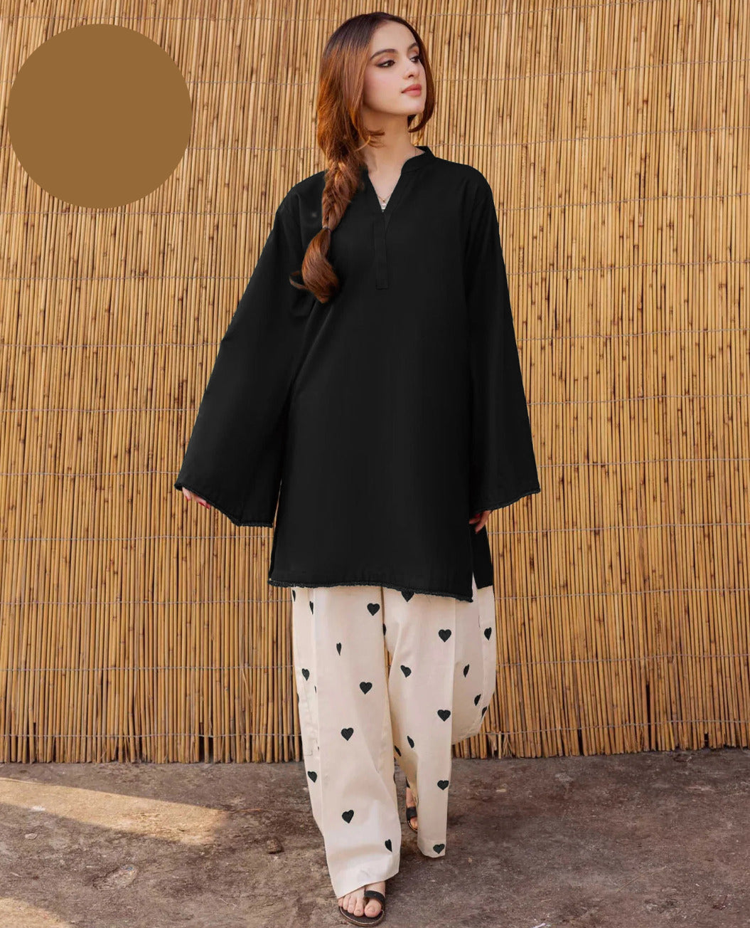 Large Lace Border & Sleeve Shirt with Heart Contrast Embroidery Flapper 2 Piece – Pure Cotton Stitched Suit