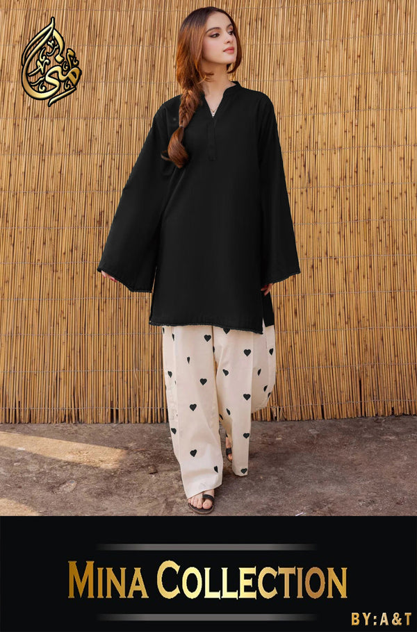 Large Lace Border & Sleeve Shirt with Heart Contrast Embroidery Flapper 2 Piece – Pure Cotton Stitched Suit