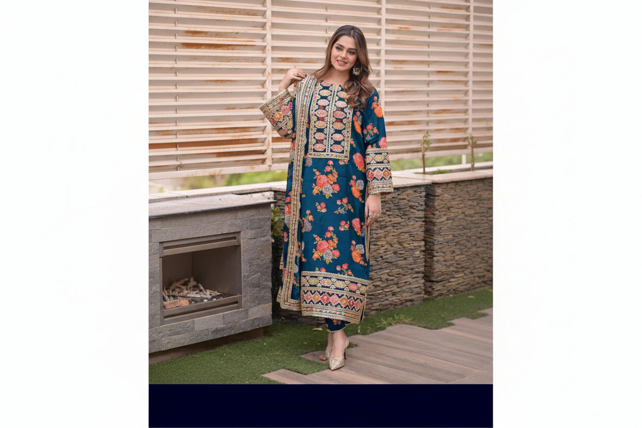 Women multi patched embroidered long shirt suit with printed flapper and digital dupatta 3 piece stitched dress