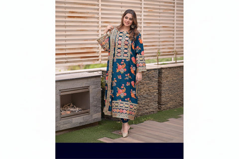 Women multi patched embroidered long shirt suit with printed flapper and digital dupatta 3 piece stitched dress