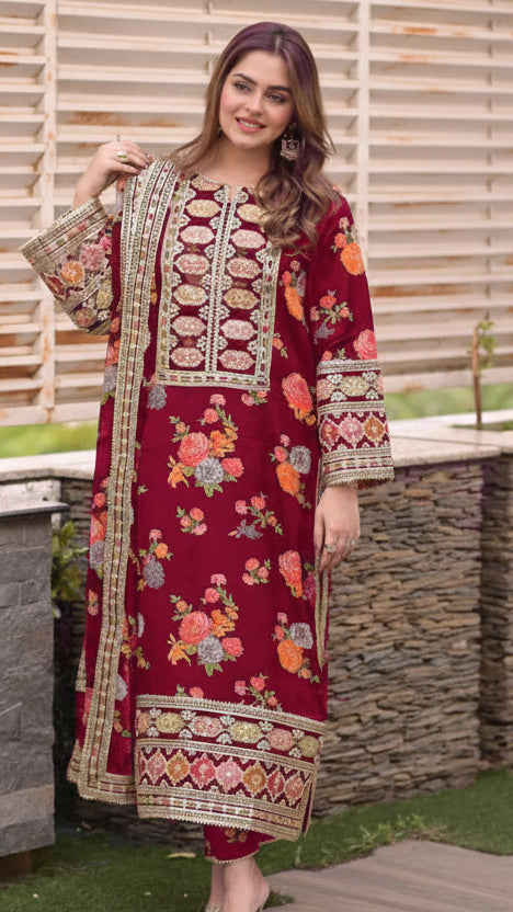 Women multi patched embroidered long shirt suit with printed flapper and digital dupatta 3 piece stitched dress