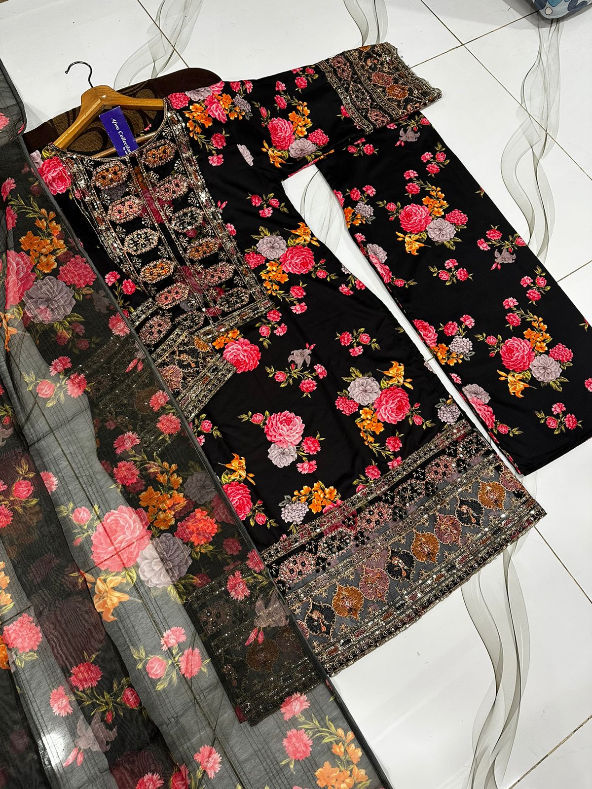 Women multi patched embroidered long shirt suit with printed flapper and digital dupatta 3 piece stitched dress