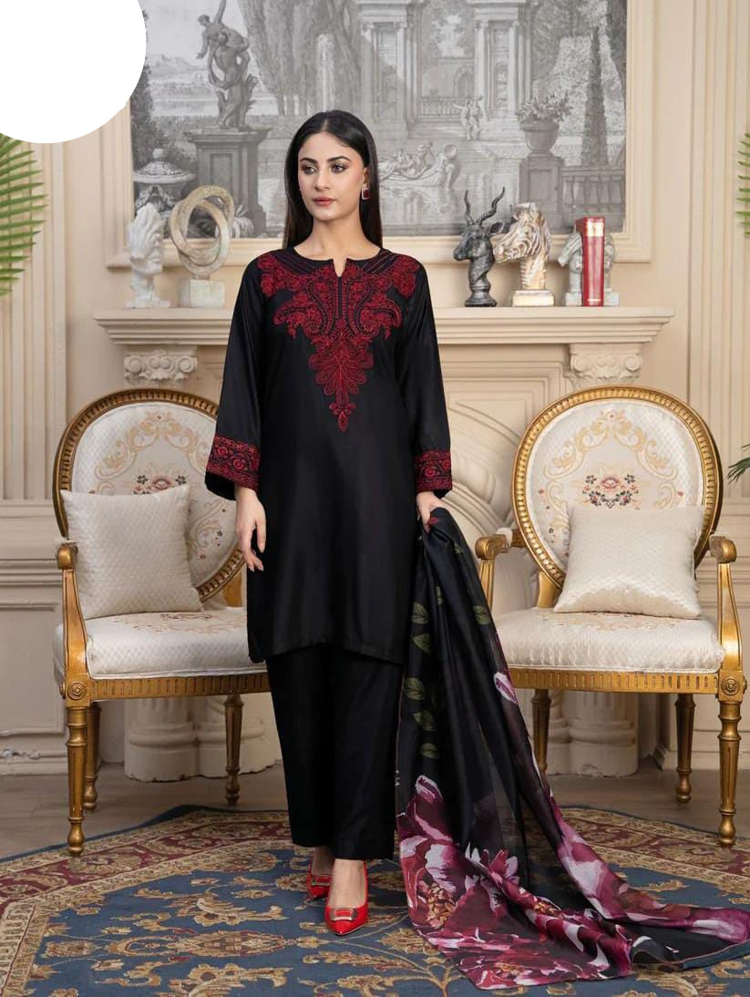 Medium & Large Black Embroidered 3 Piece – Stitched Ladies Eid 2K26 Suit