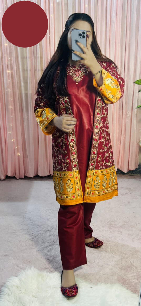 Medium Heavy Multi Zarri Thread Embroidered Gown 3 Piece – Pure Bareeza Cotton Stitched Suit