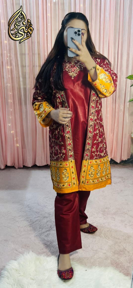 Medium Heavy Multi Zarri Thread Embroidered Gown 3 Piece – Pure Bareeza Cotton Stitched Suit