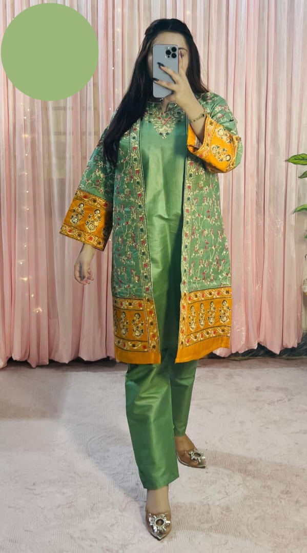 Medium Heavy Multi Zarri Thread Embroidered Gown 3 Piece – Pure Bareeza Cotton Stitched Suit