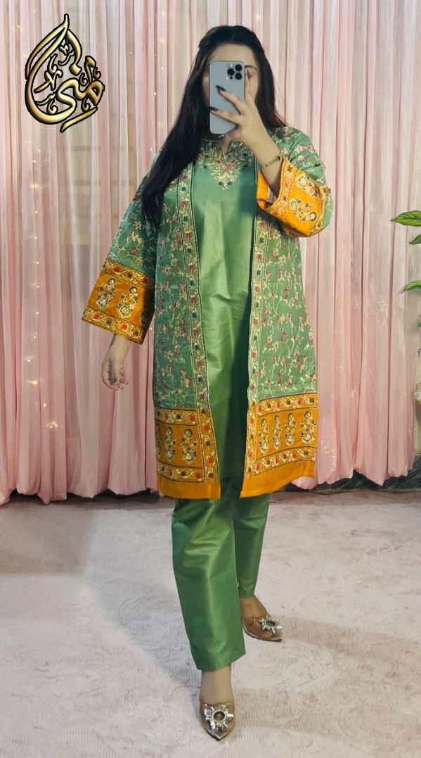 Medium Heavy Multi Zarri Thread Embroidered Gown 3 Piece – Pure Bareeza Cotton Stitched Suit