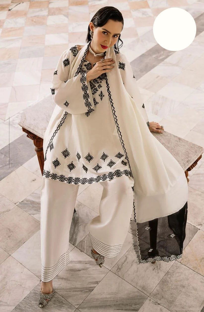 Medium Heavy Neck, Sleeves & Daman Embroidered 3 Piece – Bareeza Cotton Stitched Suit with Organza Dupatta