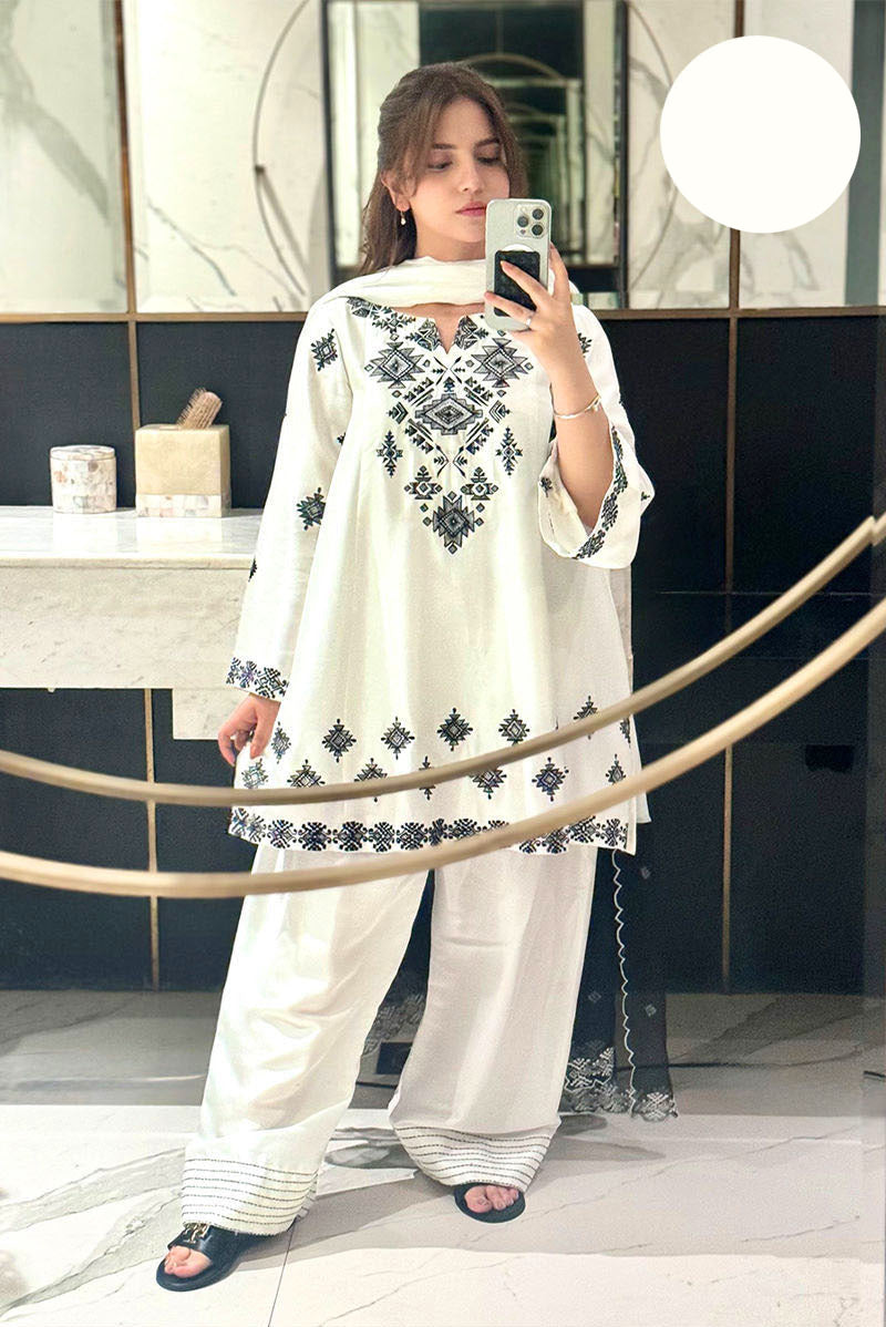 Medium Heavy Neck, Sleeves & Daman Embroidered 3 Piece – Bareeza Cotton Stitched Suit with Organza Dupatta