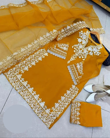 Medium Neck, Sleeves & Daman Embroidered 3 Piece – Stitched Ladies Suit with Organza Dupatta