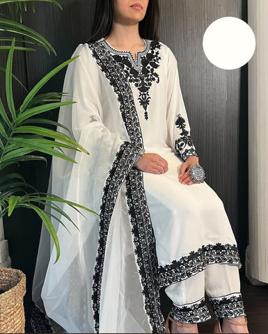 Medium Neck, Sleeves & Daman Embroidered 3 Piece – Stitched Ladies Suit with Organza Dupatta