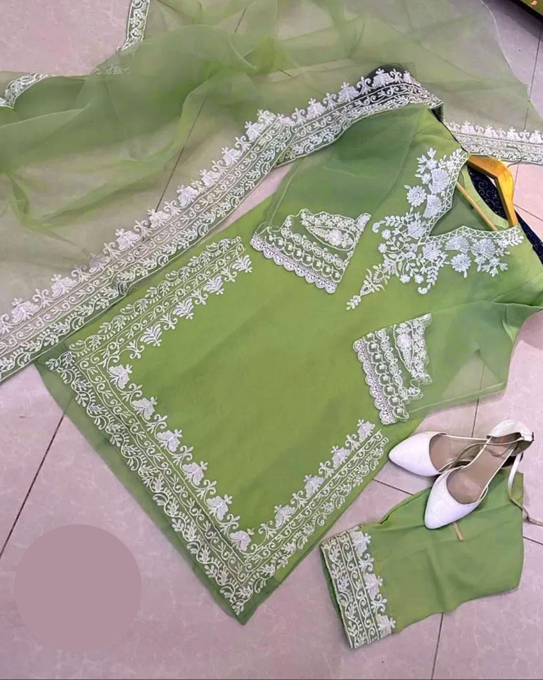 Medium Neck, Sleeves & Daman Embroidered 3 Piece – Stitched Ladies Suit with Organza Dupatta